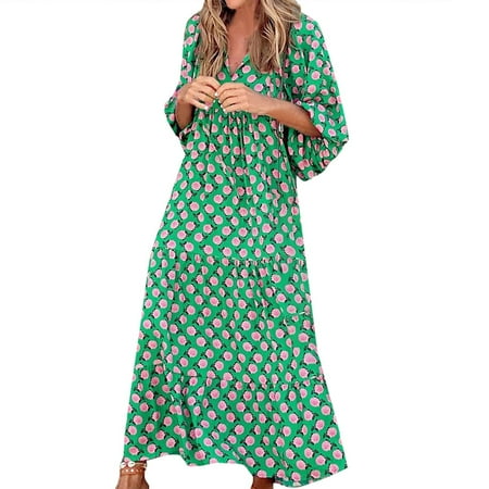 

Hfyihgf Women s Summer Casual Bohemian Floral Dress Tie V-Neck 3/4 Lantern Sleeve Dress Beach Tiered Swing Long Maxi Dresses(Green XL)