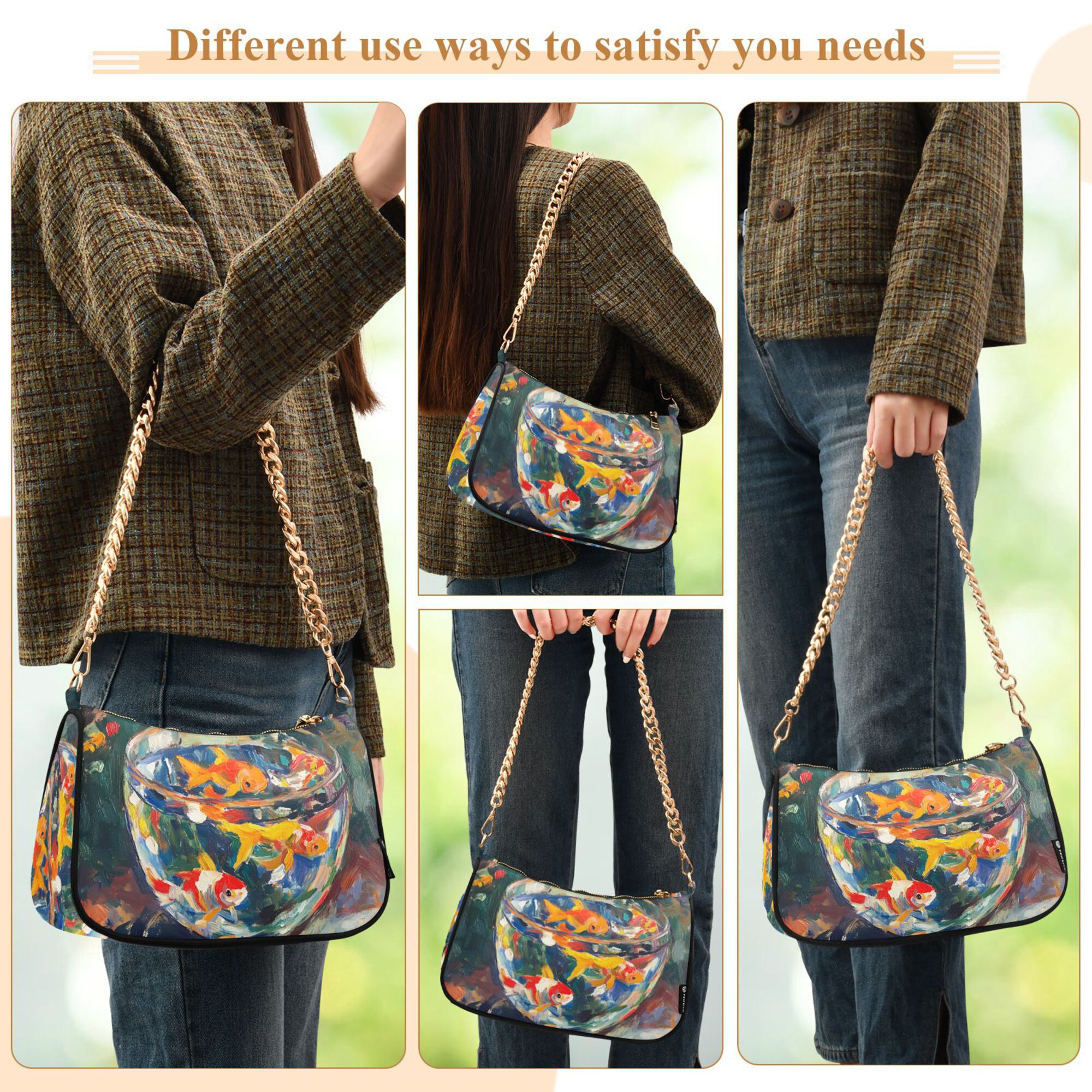 FORMRS Womens Shoulder Bag with Chain Strap Clutch Purse Cute Tote Handbag, Colorful Goldfish