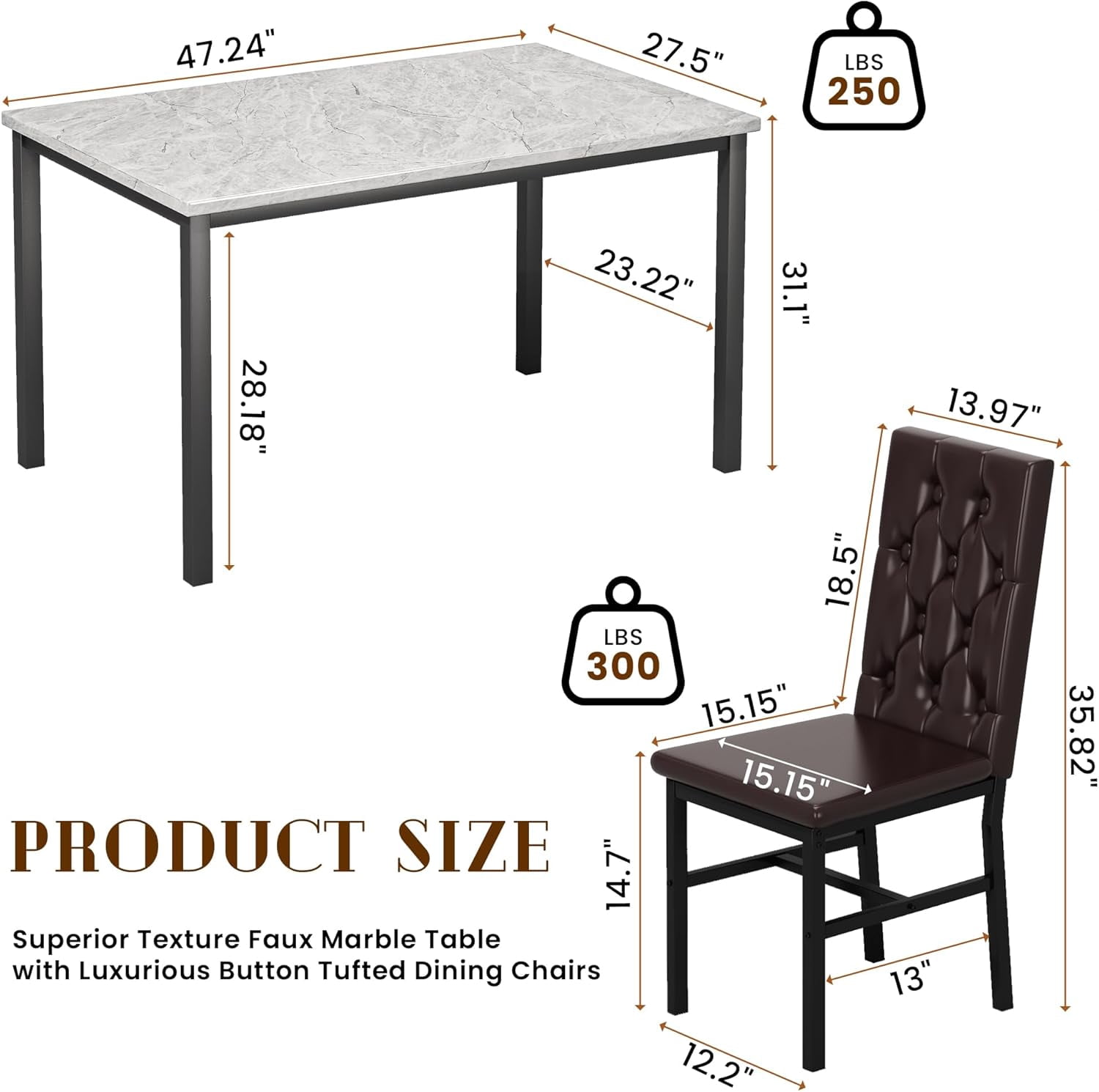 Baxluxe four-person dining table and chair set, marble kitchen dining table and chair set, equipped with leather cushioned dining chairs, suitable for kitchens and restaurants, apartments brown/grey