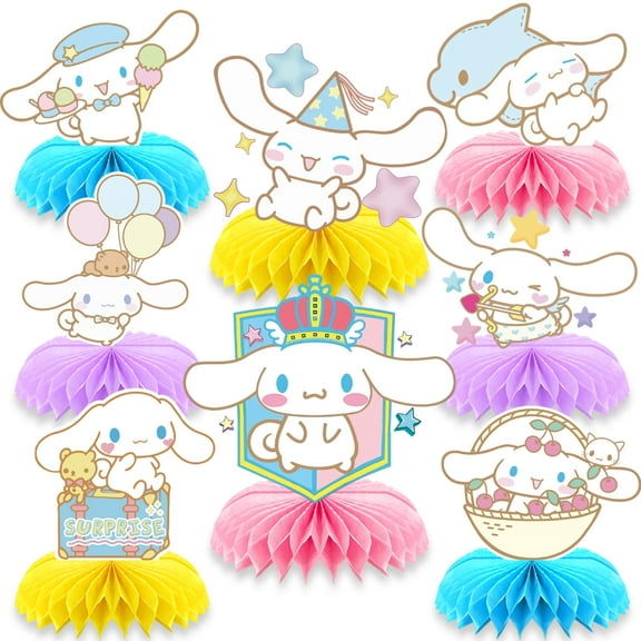 8pcs Cinnamoroll Theme Cartoon style 3D Double Side Honeycomb Centerpieces Table Toppers, Birthday Party Decorations Supplies.
