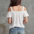 thumbnail image 3 of Summer Cold Shoulder Shirts for Women Boho V-Neck Short Sleeve Top Ruffled Casual Blouse Going Out Outfits for Vacation and Everyday, 3 of 4