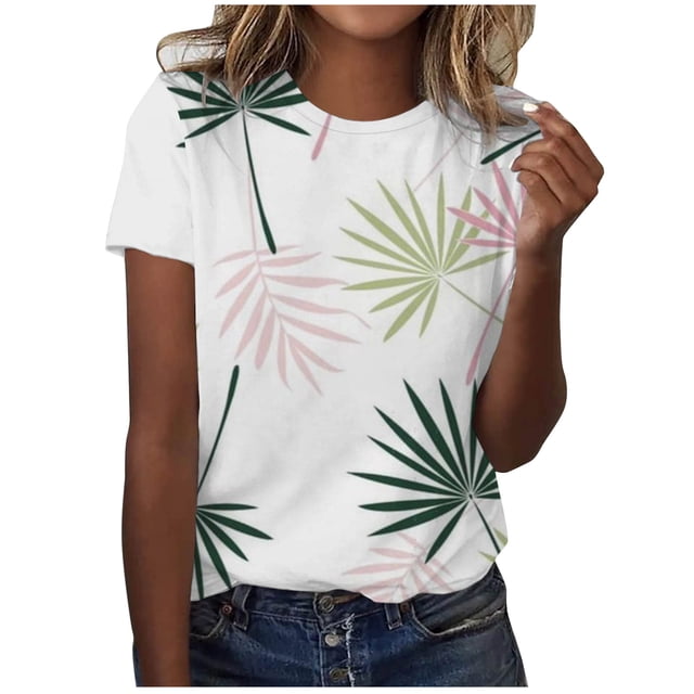 Pompotops Femmes Casual Manches Courtes Impression Plissée Col Rond T-Shirt Blouse Tops