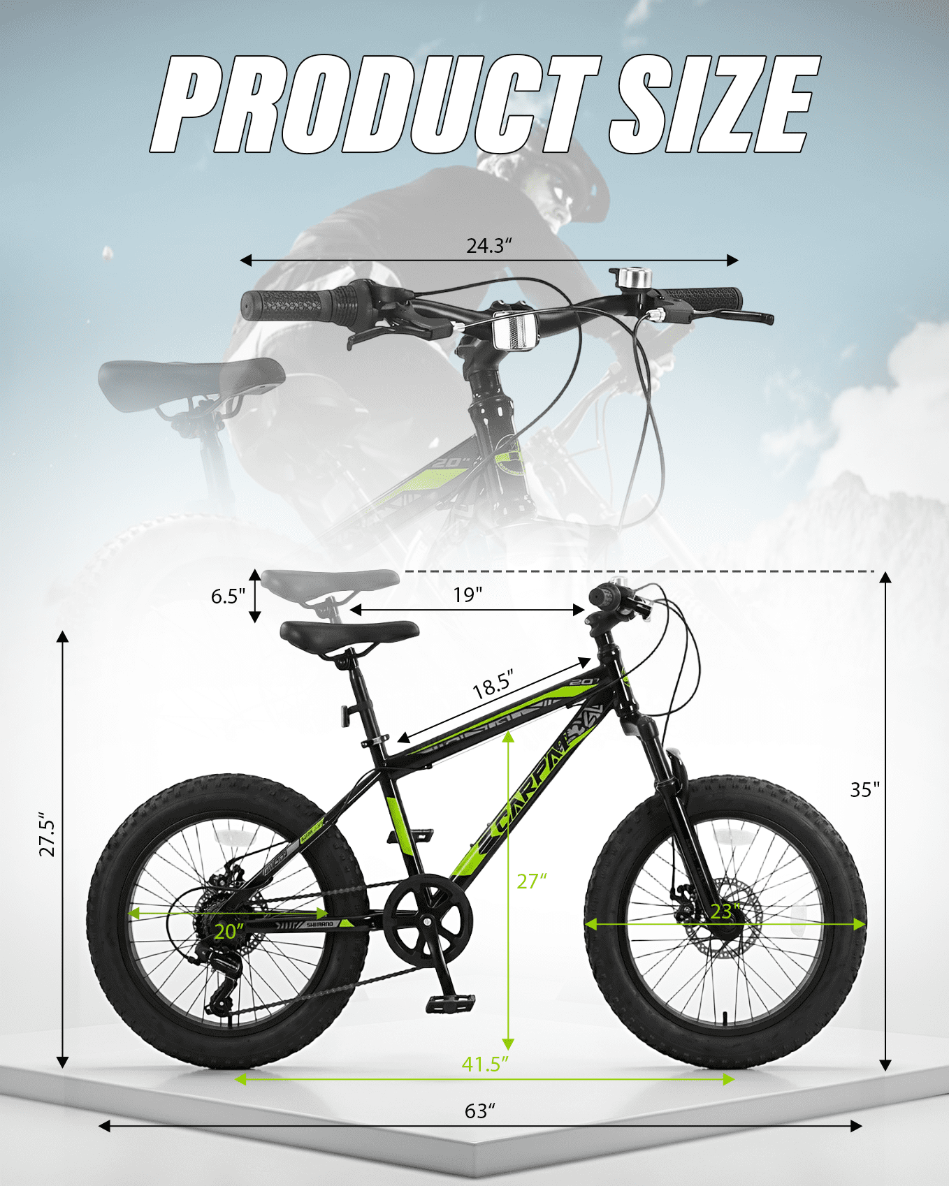 20 inch Fat Tire Mountain Bike for kids and Teen, Outdoor Cycling Bike with 7-Speed for Boys Girls, High Carbon Steel Frame, Dual Disc Brake, 20x4.0 Wide Tires, Suspension Fork, Anti-Slip Bikes