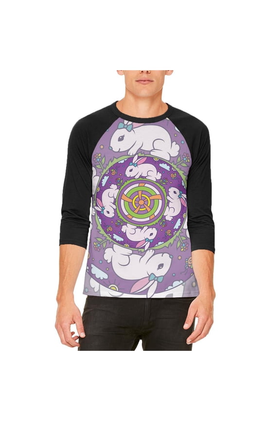 Mandala Trippy Stained Glass Easter Bunny Mens Raglan T Shirt White-Black MD