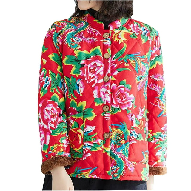 Penkiiy Manteau en Coton Rouge à Fleurs Style Chinois pour Femmes, Imprimé Ethnique Floral Décontracté avec Boucle m Rouge