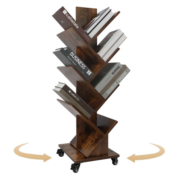 14-Tier Tree Rotating Bookshelf, 360 Degree Spinning Wood Corner Book shelf with Wheels, Space-Saving Bookcase for Small Spaces, Bedroom Living Room Home Office, Rustic Brown