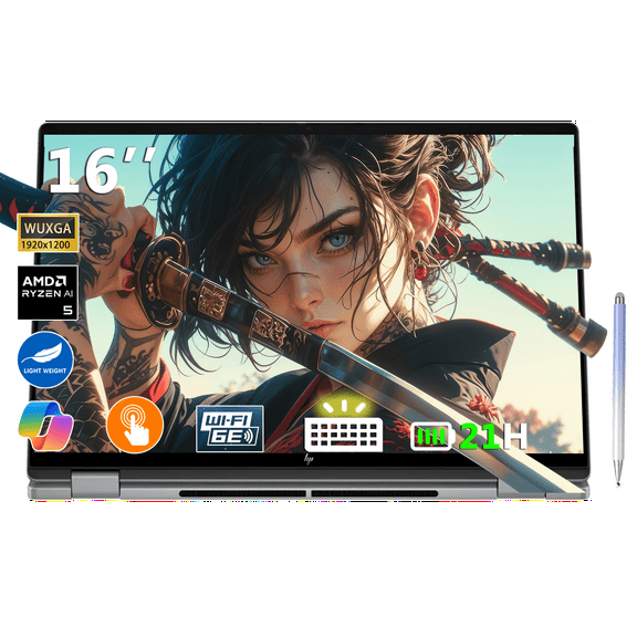 HP Envy OmniBook X Flip 2-in-1 Laptop 16" FHD  Touch, Copilot  PC, AMD Ryzen AI 5 340 (8-Core), 16GB RAM,1TB SSD, AMD Radeon 840M, 21H Battery, Win 11, Meteor Silver, W/Stylus