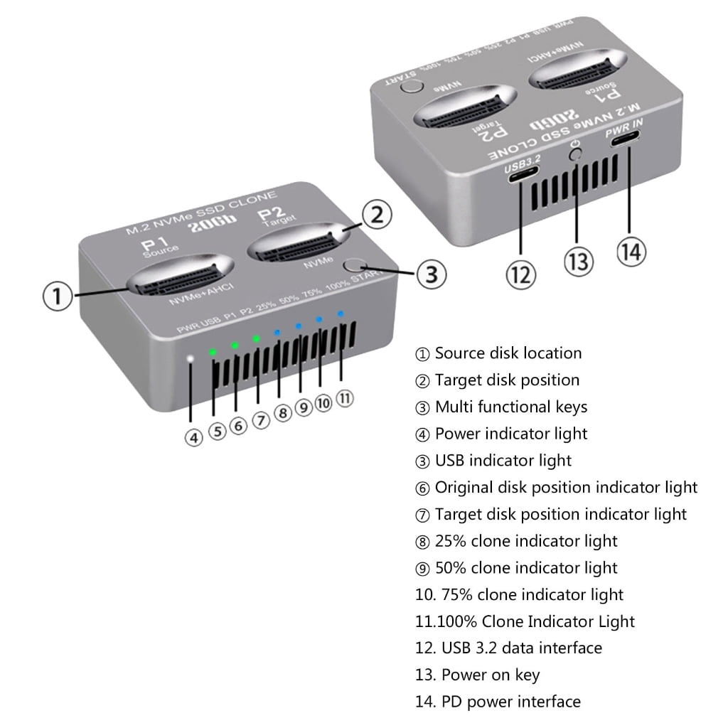Double Bay Docking Station NVME States Disk Clone USB3.2 Type C States Drives Reader NVMe External Hard Disk Box