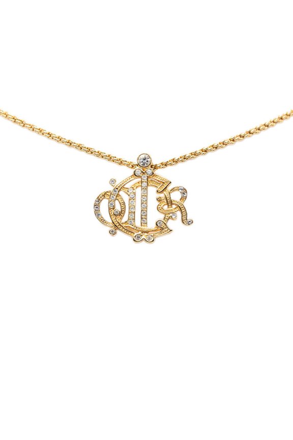 Pre-Owned Christian Dior Dior Logo Emblem Pendant Necklace, Gold Plated Rhinestone, Women's