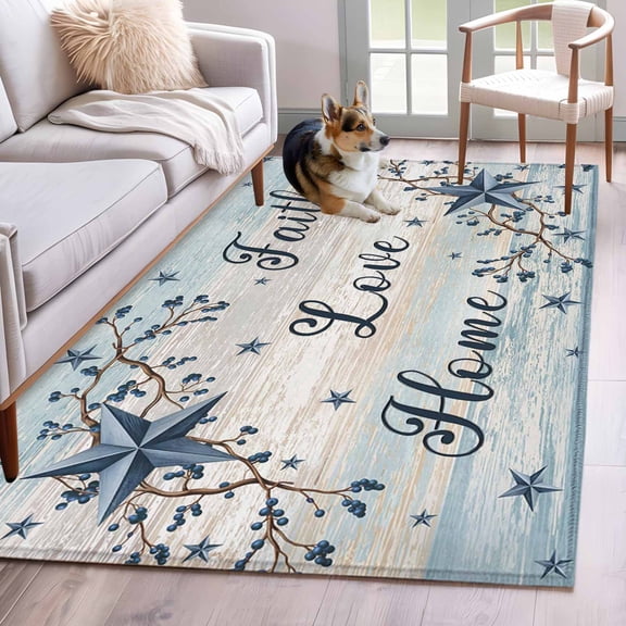 Area Rug for Living Room, Vintage Farmhouse Non-Slip Indoor Large Carpet for Bedroom/Dining Room, Blue Country Texas Star Vines Wooden Washable Rectangle Floor Mat Runner Rugs - 2.7 x 5 Ft