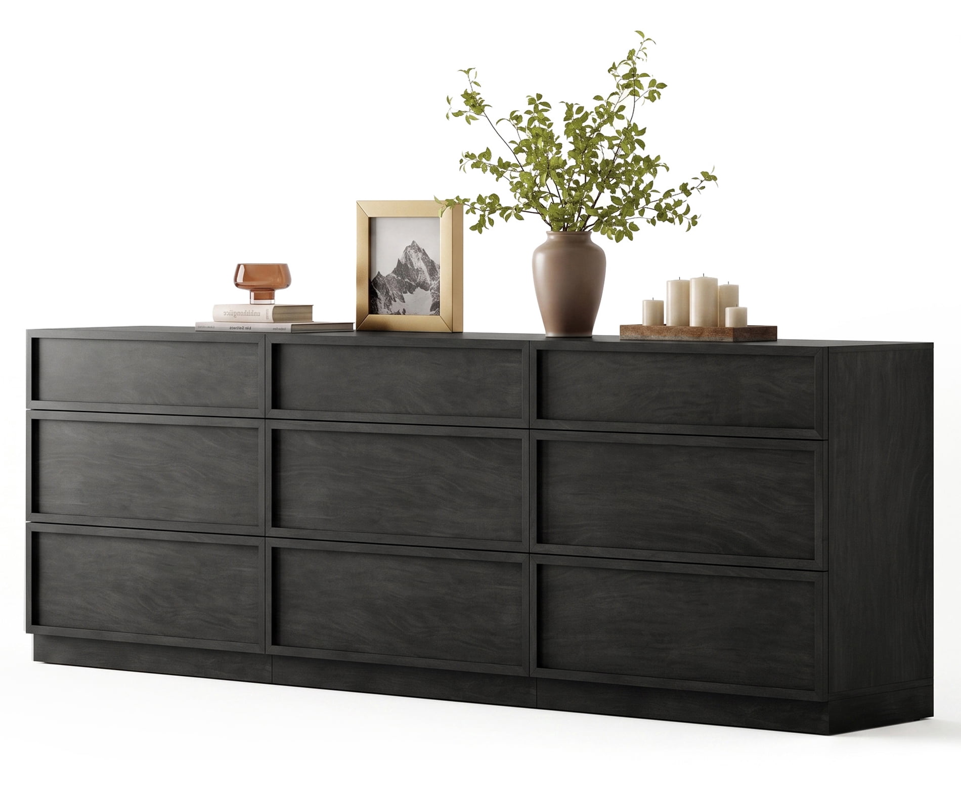 Modern 9-Drawer Wood Dresser, Handle-Free Push-Press Storage Chest with Solid Floor Base, Minimalist Storage Cabinet for Bedroom Living Room, Black