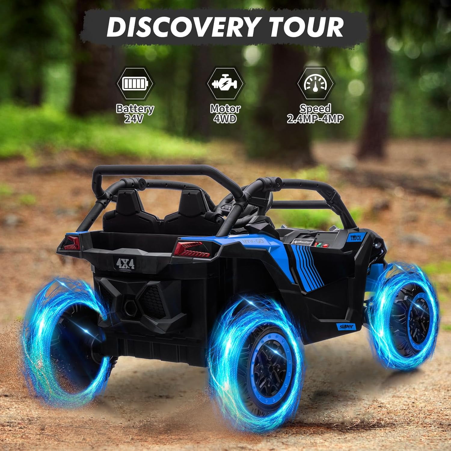 24V Ride on ATV or Kids, 2 Seater 4WD Powered ATV Car with Remote Control, LED Lights, 4 Shock Absorber, 3 Speeds, Horn, Music(Blue)