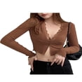 thumbnail image 1 of Femmes V Cou Manches Longues Crop Top Dentelle Patchwork Bouton devant Côtelé Tricot T Shirts Violacé Rouge, 1 of 6