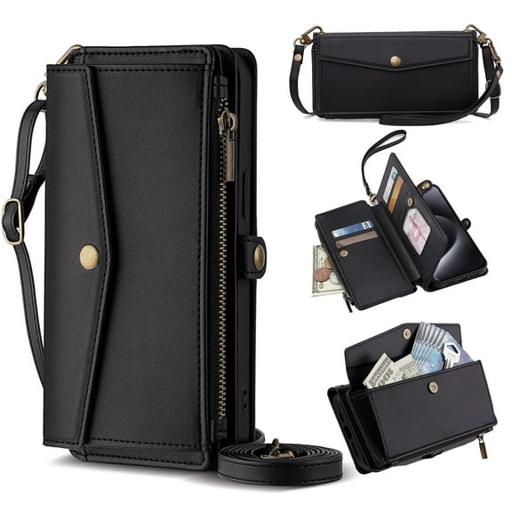 ShieldPlus Crossbody Wallet Case for iPhone 15,RFID Blocking for iPhone 15 Wallet Case for Women Men with Credit Card Holder,Zipper Pocket Magnetic Flip PU Leather Protective Cover with Lanyard,Black