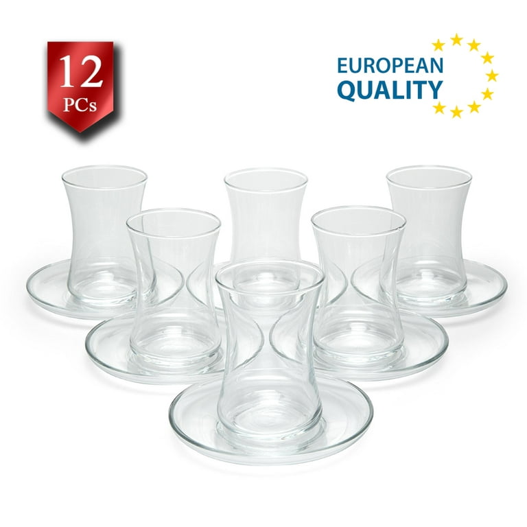 LAV Turkish Tea Glasses and Saucers Set - 12 Pcs, Pure Design Clear Glass  Tea Cup with Coasters, Traditional Bulk Tea Set for Hot Beverages