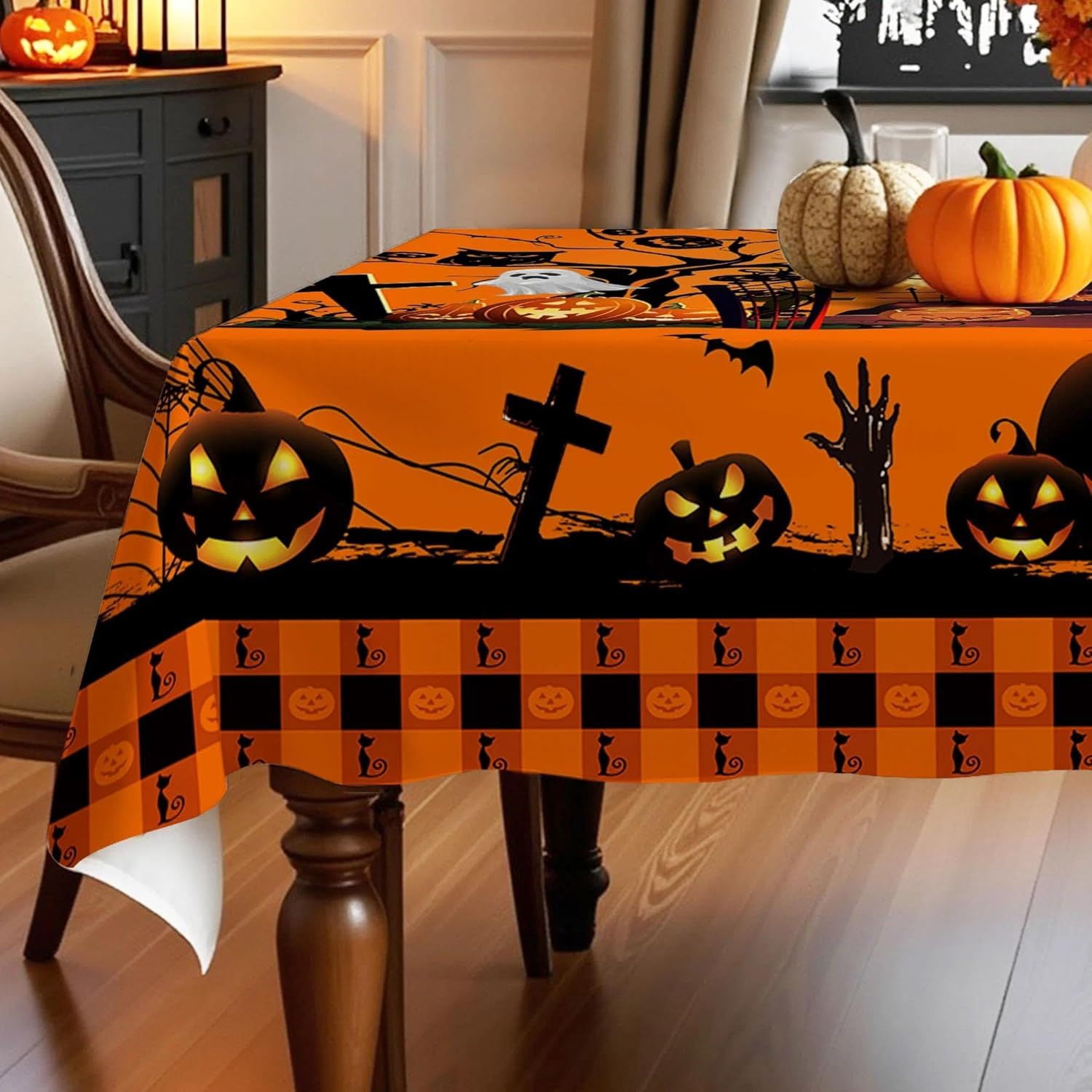 Halloween Tablecloth with Pumpkin Castle Ghost Design for Dining Table
