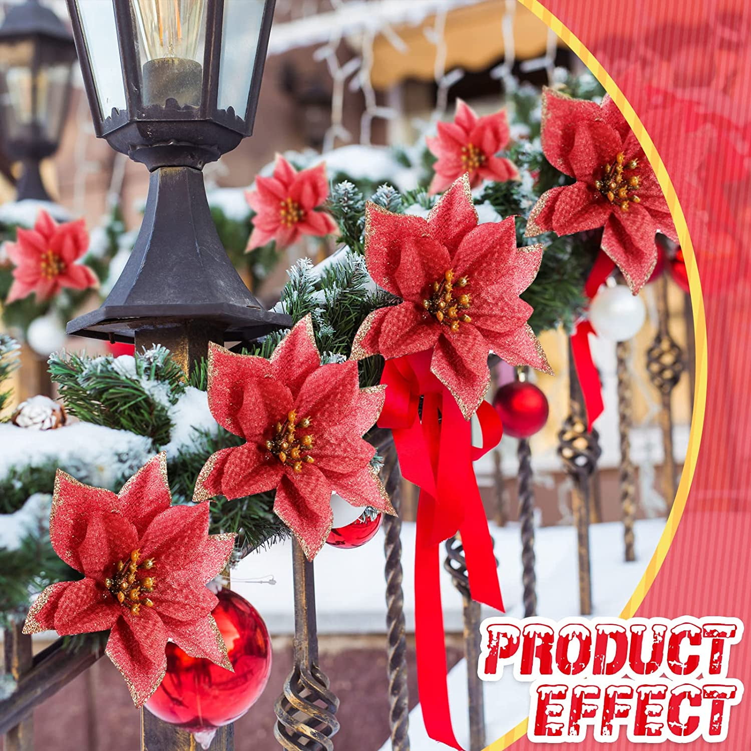 6PCS Glitter Christmas Artificial Flowers Christmas Poinsettia Decor Christmas Tree Wreaths Ornaments for Christmas Home Wedding Party