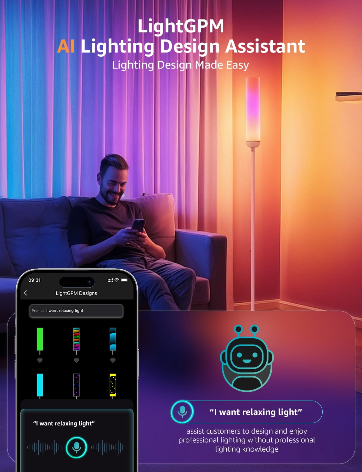 Lepro O1 AI Smart LED Corner Floor Lamp with AI Voice Control, RGB + Tunable White, 2300LM, WiFi & Bluetooth, Music Sync, Compatible with Alexa & Google Assistant, for Living Room, Bedroom, Office