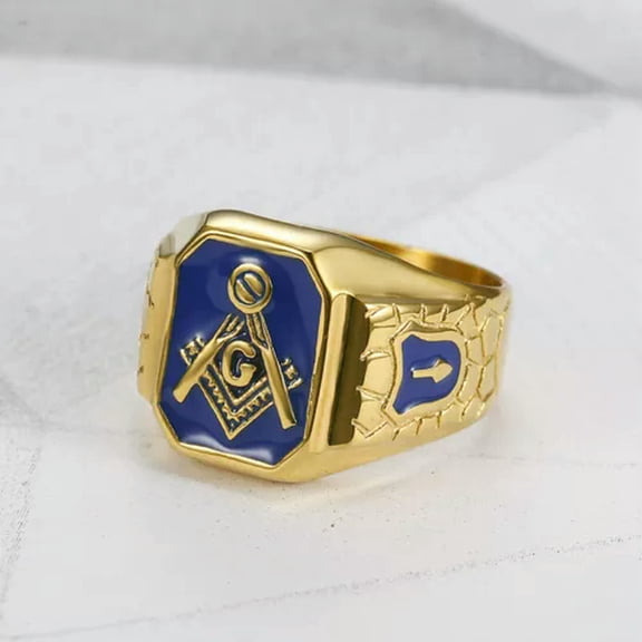 HOOUN Blue Enamel Freemason Symbol Ring Stainless Steel Vintage Biker Masonic Ring-8