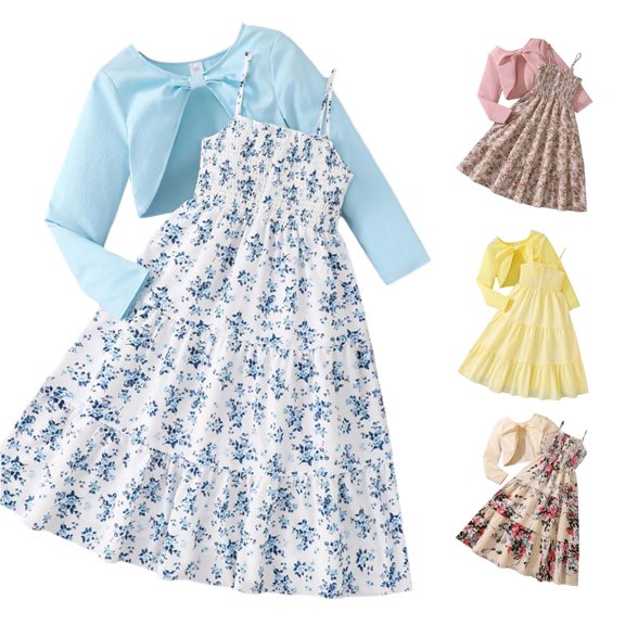 XAOFW Girls Spring Fall Outfits Sleeveless Floral Print Dress With Long Sleeve Cardigan Casual Party 2 Piece Sets Stylish Clothing Sets 7-8 Years