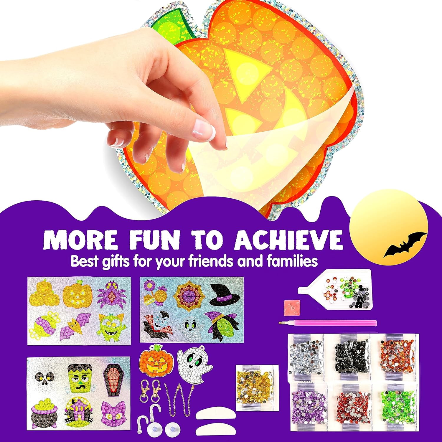 Joyfy Halloween Crafts for Kids,Gem Art Kit Diamond Painting Kit with Stickers,Suncatchers,and Keychains,Halloween Party Supplies Halloween Arts and Crafts