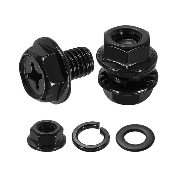 M8 x 10mm 10Pcs Phillips Flanged Hex Bolts with Nuts, Flat & Lock Washers, Black