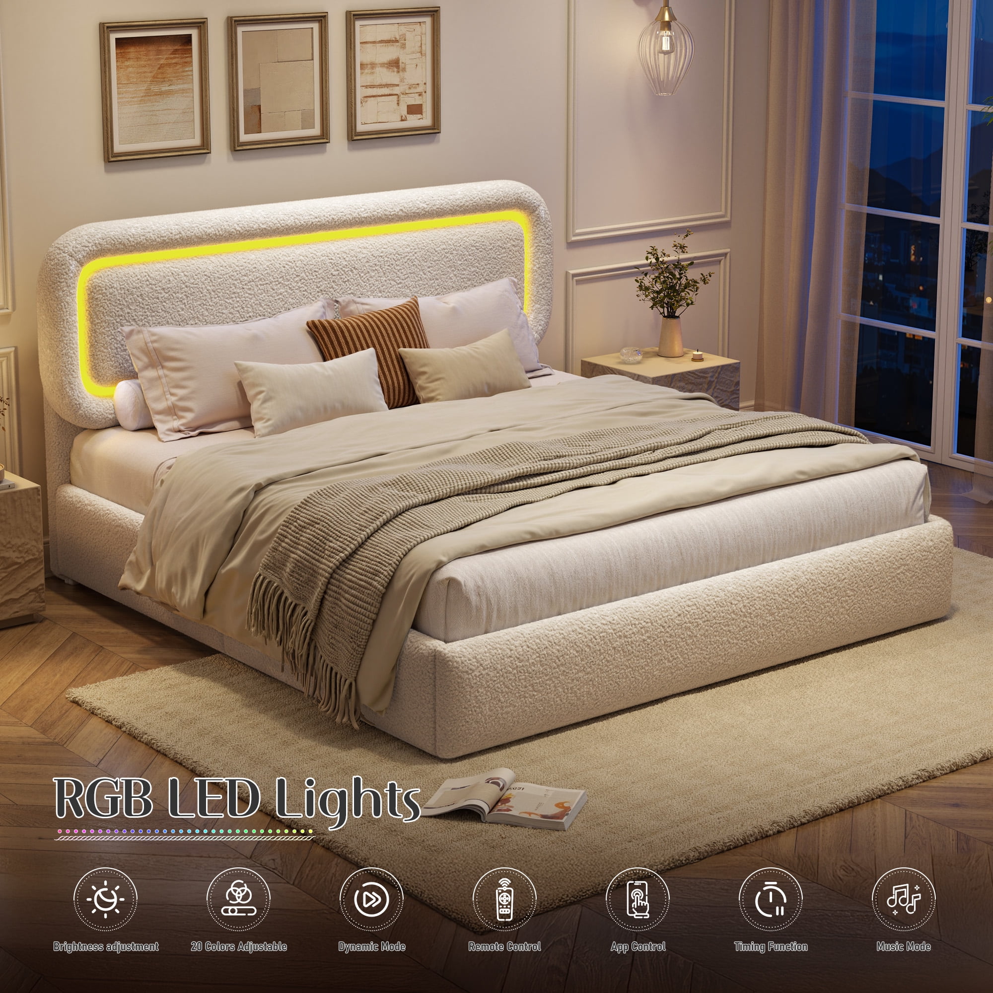 EnHomee Boucle Bed Frame with Rounded Corner Cloud Bed Frame with Headboard Upholstered Bed Frame Queen Size ,Beige