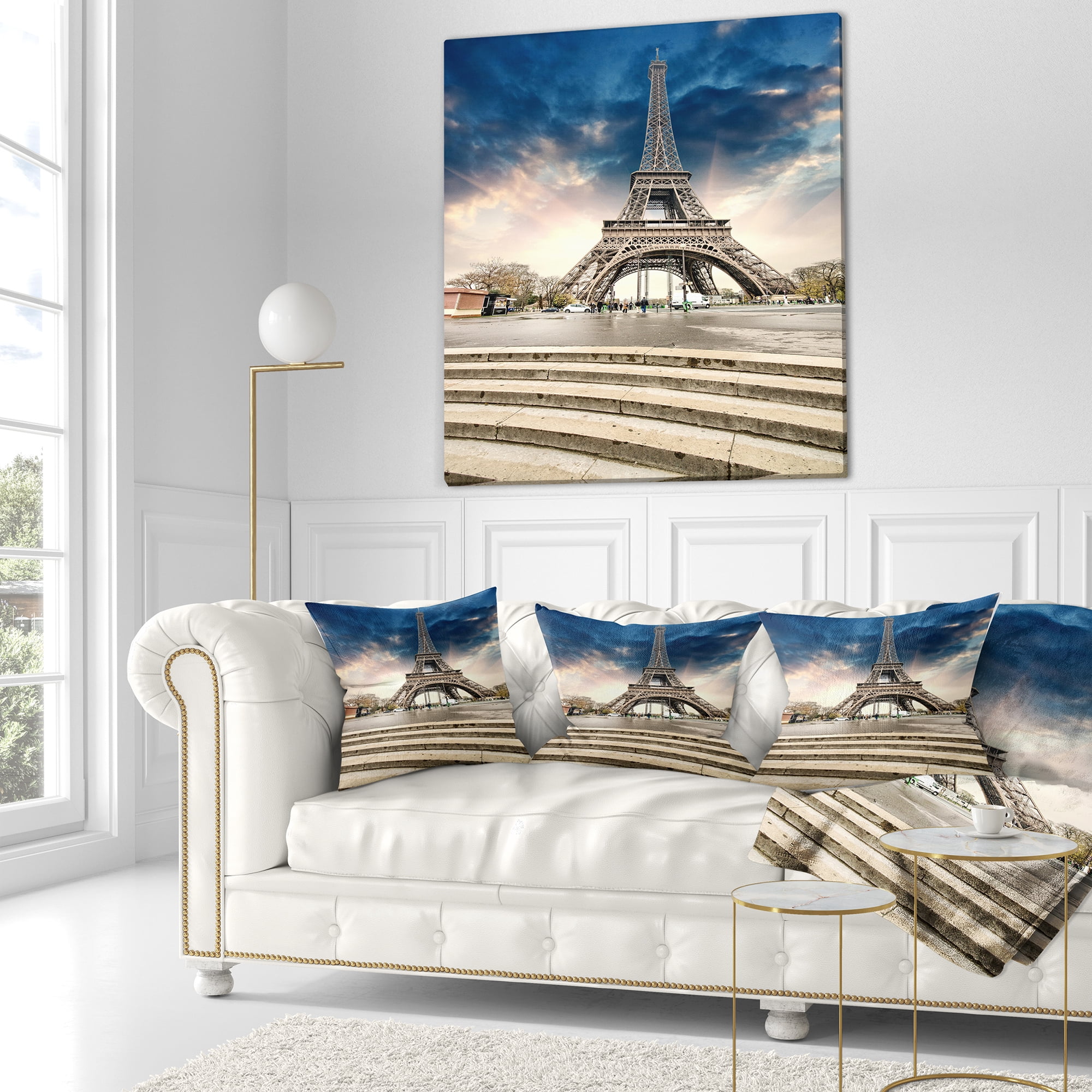 Designart Paris Eiffel Towerwith Stairs - Landscape Photo Throw Pillow - 16x16