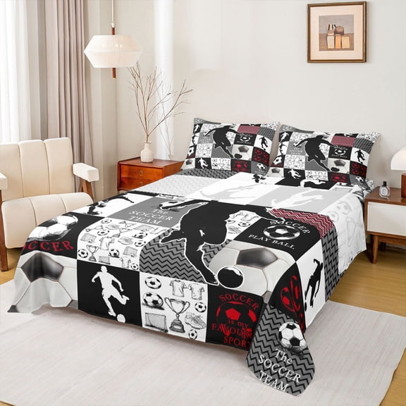 Feelyou Teens Football Athlete Twin Sheet Sets, Modern Soccer Game Twin Fitted Sheet, Fashion Patchwork Plaid Flat Sheet, Ultra Soft Bedroom Decor, 3pcs