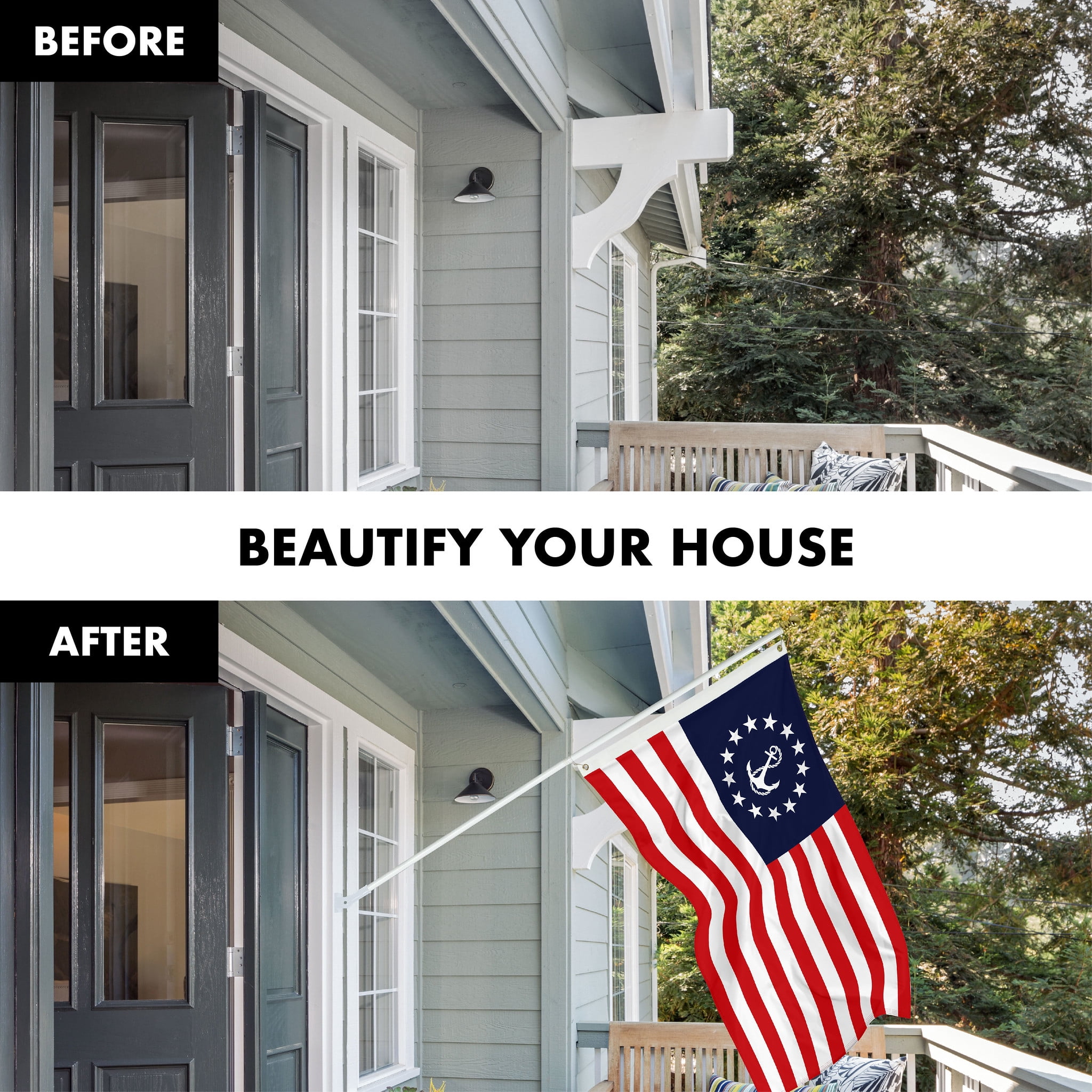 G128 Combo Pack: 6 Ft Tangle Free Aluminum Spinning Flagpole (White) & American USA Yacht Ensign Flag 3x5 Ft, LiteWeave Pro Series Printed 150D Polyester | Pole with Flag Included