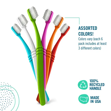 Preserve Eco Friendly Adult Toothbrushes, Made in The USA from Recycled Plastic, Soft Bristles, Colors Vary, 6 Count
