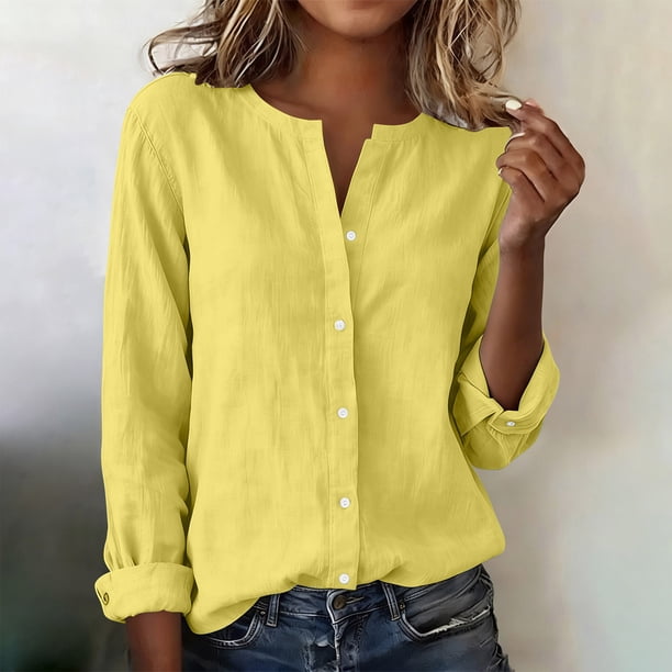 Craaazy Women's Casual V-Neck Blouse, Solid Color Long Sleeve Button Down Shirt, Loose Fit Comfy Tops for Daily Wear Gifts