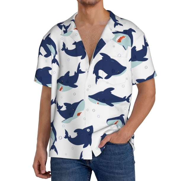 Fotbe Cute Shark Camisa Estampada de Manga Corta para Hombre, Casual de Verano, Estilo Playero, Sin Arrugas-Medium