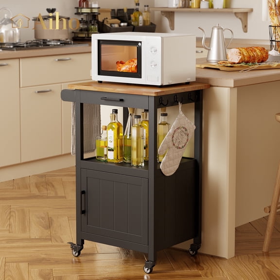 Aiho Rolling Kitchen Island Cart with Storage and Rubber Wood Countertop for kitchen, Black