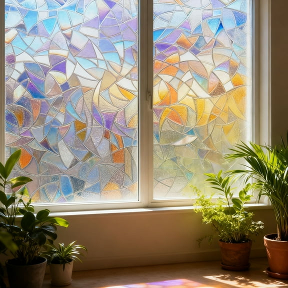 Window Privacy Film Rainbow Film Decorative Window Sticker, 3D Static Stained Glass Cling Tint for Home Heat Control Non-Adhesive, 17.7 x 118.2 inches