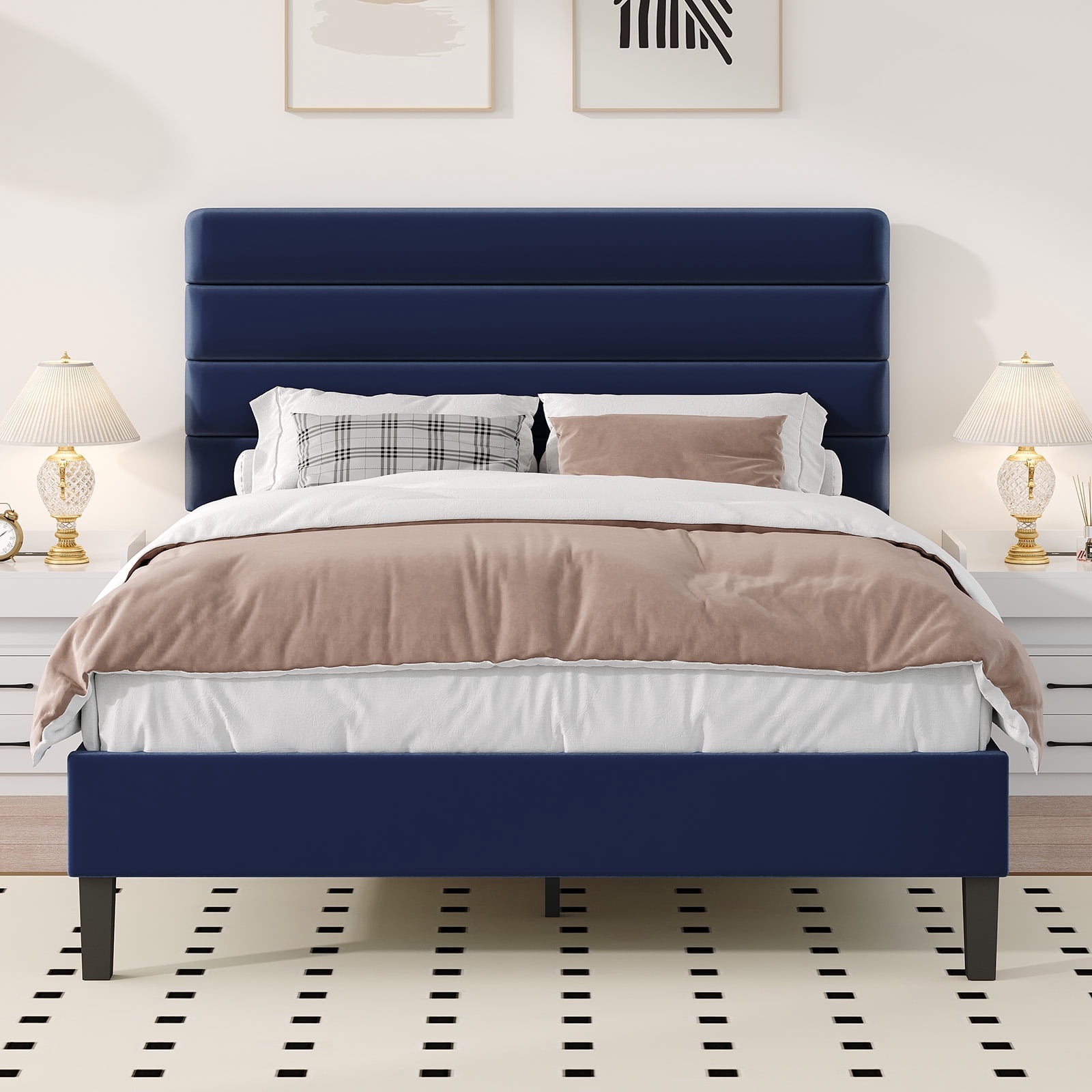 4 EVER WINNER Queen Size Platform Bed Frame, Horizontal Stitched Blue Velvet Upholstered Headboard, Solid Wooden Slat Support, Noise-Free, No Box Spring Needed