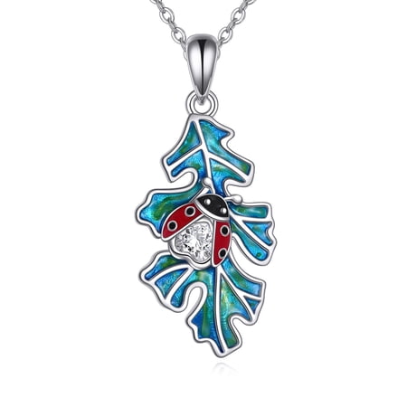YAFEINI Ladybug Necklace 925 Sterling Silver Oak Leaf Pendant Necklaces Ladybug Good Luck Jewerly Gift for Women