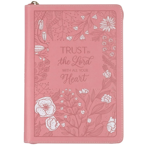 Christian Art Gifts Pink Vegan Leather Zipped Journal, Inspirational Notebook Trust in the Lord Scripture, Flexible Cover, 336 Ruled Pages, Bookmark, Proverbs 3:5 Bible Verse