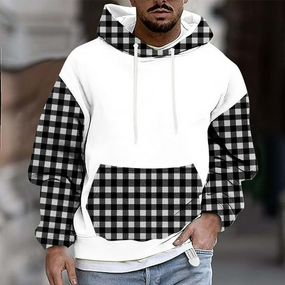 gbyLJF Hoodies for Men Drawstring Checkered Printed Hooded Sweatshirt Long Sleeve Flannel Shirts Men Apparel Pullover with Pocket