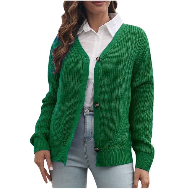 IROINID Women's V-Neck Cardigans Sweater Solid Color Loose Mid-Length Long Sleeve Button Knit Top Sweater