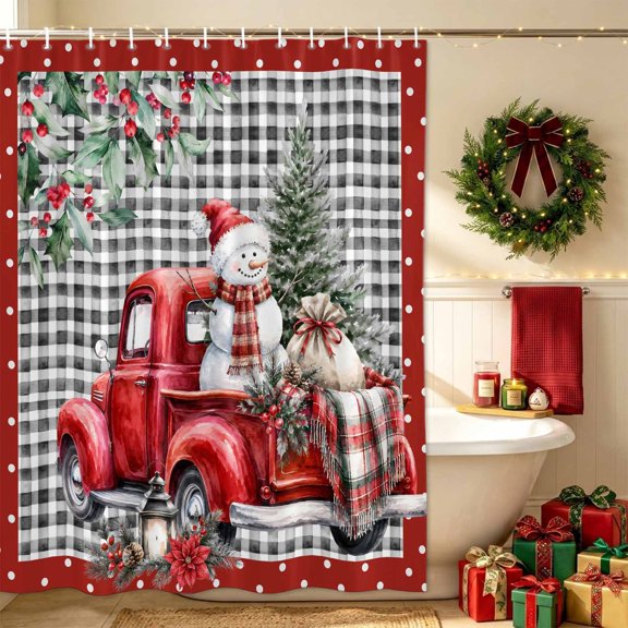Christmas Winter Bathroom Shower Curtain, Rustic Red Truck Pine Tree Snowman Black Gingham Waterproof Washable Soft Bath Curtain for Bathtub Decor with 12 Hooks&Grommet, 36x72in