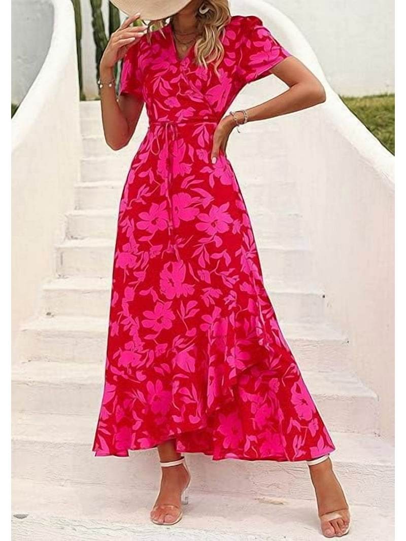 PRETTYGARDEN Women's Summer Wrap Maxi Dress Casual Boho Floral V Neck Short Sleeve Ruffle Hem Split Beach Long Dress PRETTYGARDEN Women's Summer Wrap Maxi Dress Casual Boho Floral V Neck Short Sleeve Ruffle Hem Split Beach Long Dress