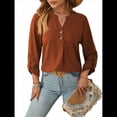 thumbnail image 2 of Camisas Holgadas de Larga Tipo Farol para Mujer, Blusas con Puños Fruncidos para el Trabajo, Blusas de Otoño. Rojo Marrón L, 2 of 10