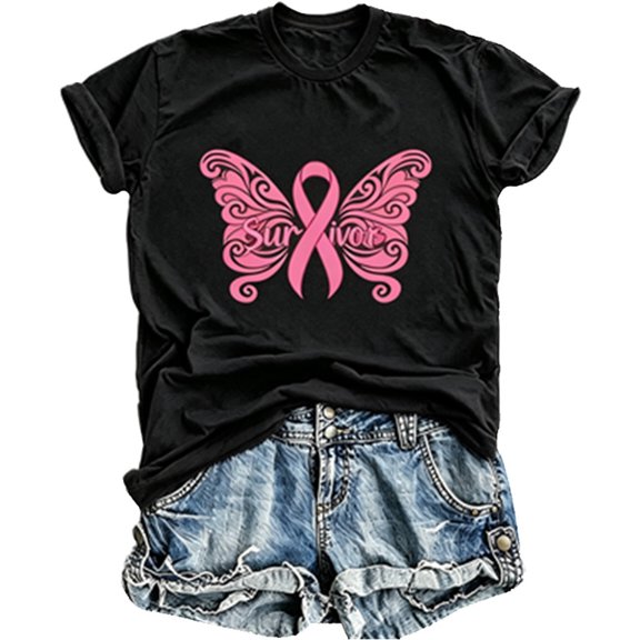 Womens Basic T Shirt Crew Neck Butterfly Ribbon Print Casual Short Sleeve Summer Fashion Tee Workout Shirts Tops