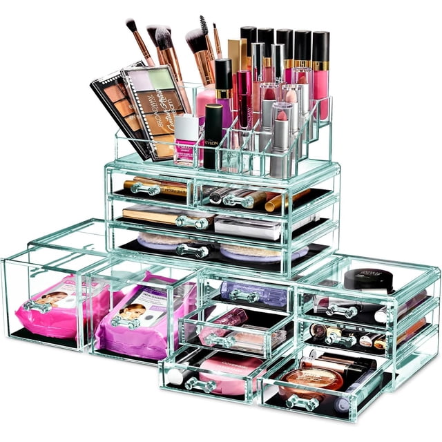 LMHF Large Makeup Organizer - Clear Stackable Jewelry & Makeup Organizer For Vanity, Bathroom Storage, Dresser - 12 Drawers Cosmetic Beauty Organizers and Storage with Lipstick, Makeup Brush