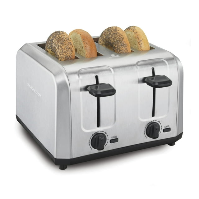 Hamilton Beach Tostadora de 4 Rebanadas de Acero Inoxidable Cepillado con Ranuras Extra Anchas, Refuerzo para Tostadas, Apagado Automático, 24910