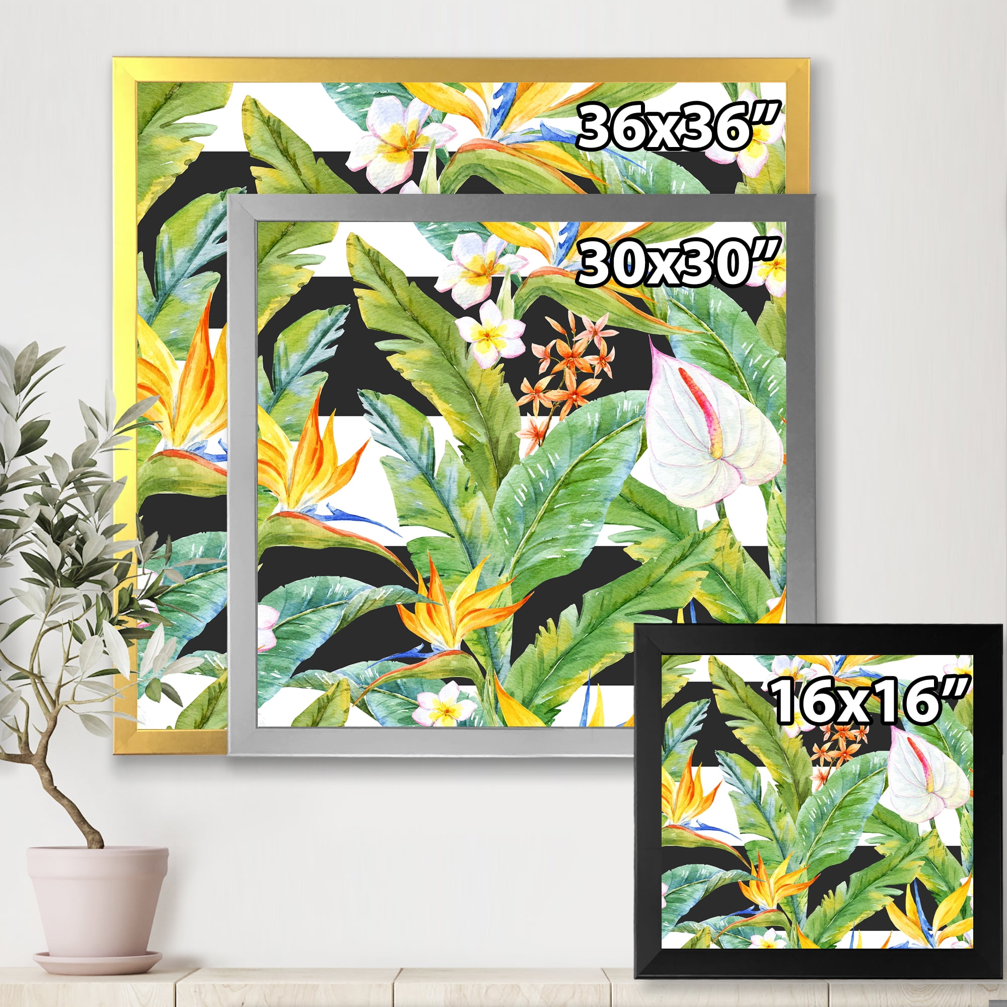 Designart 'Yellow Flowers and Tropical Foliage IV' Modern Framed Art Print