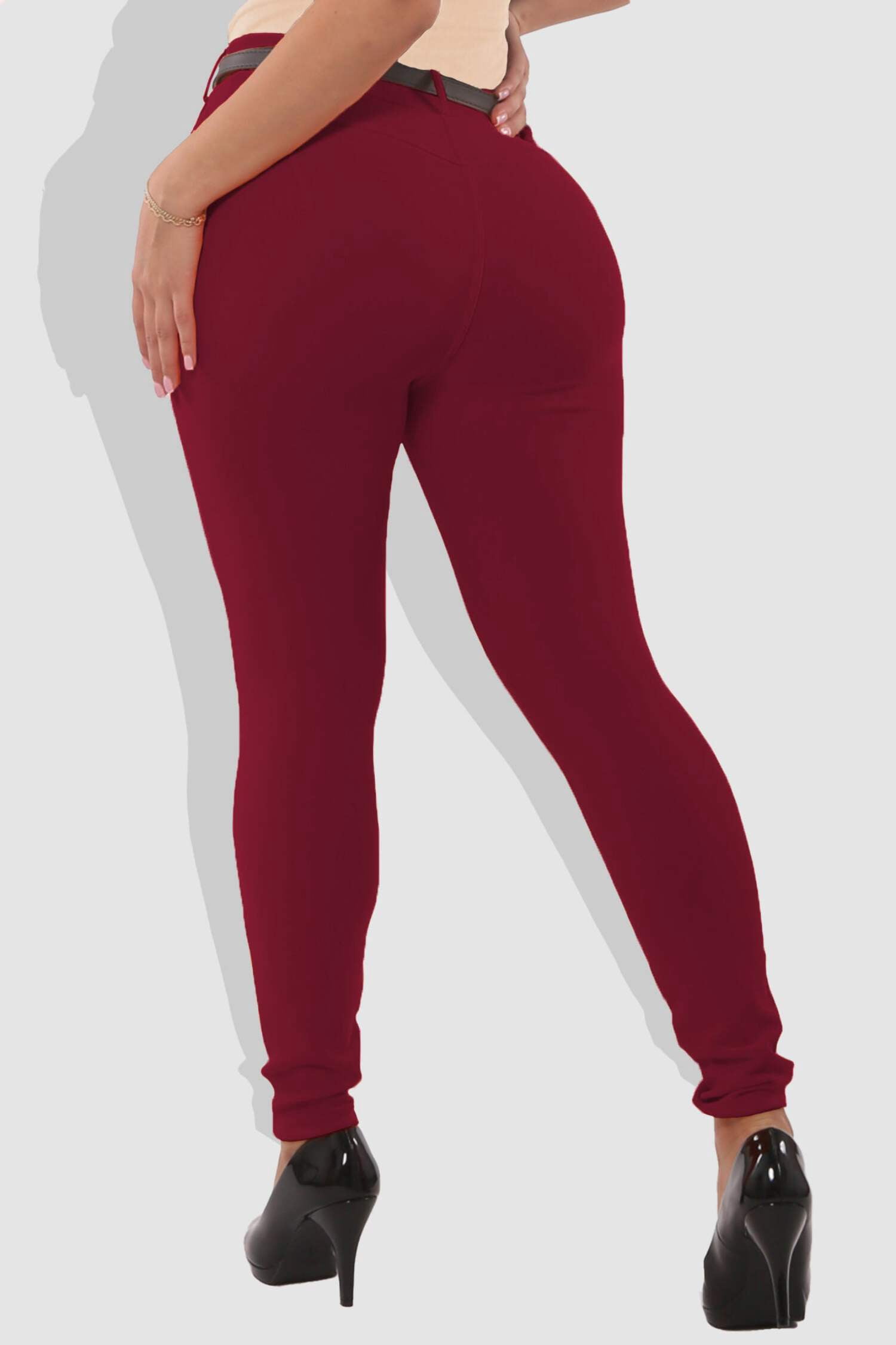 Sculpting Treggings With Faux Leather Belt - Zinfandel