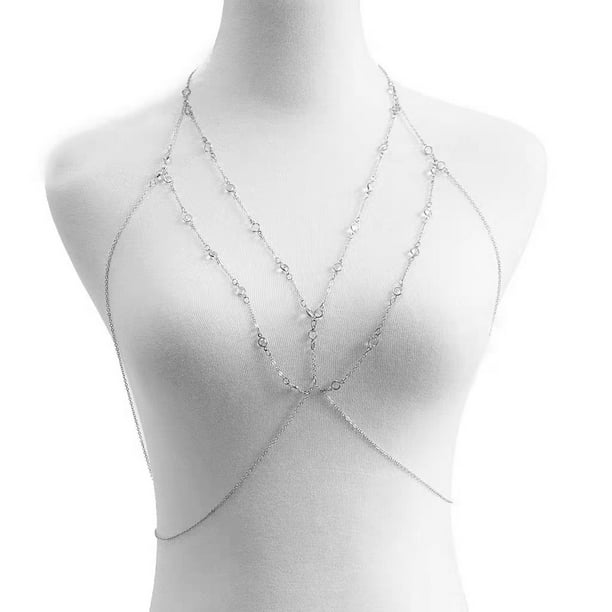 Crystal Chest Chain Beaded Bra Bikini Chain Harness Body Chain Summer Beach  Nightclub Jewelry Adjustable (Silver) 