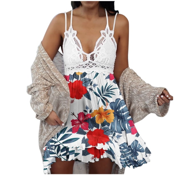 Vestido de encaje con estampado de honda sin mangas con cuello en V de playa informal de verano para mujer Fridja hjkh5270